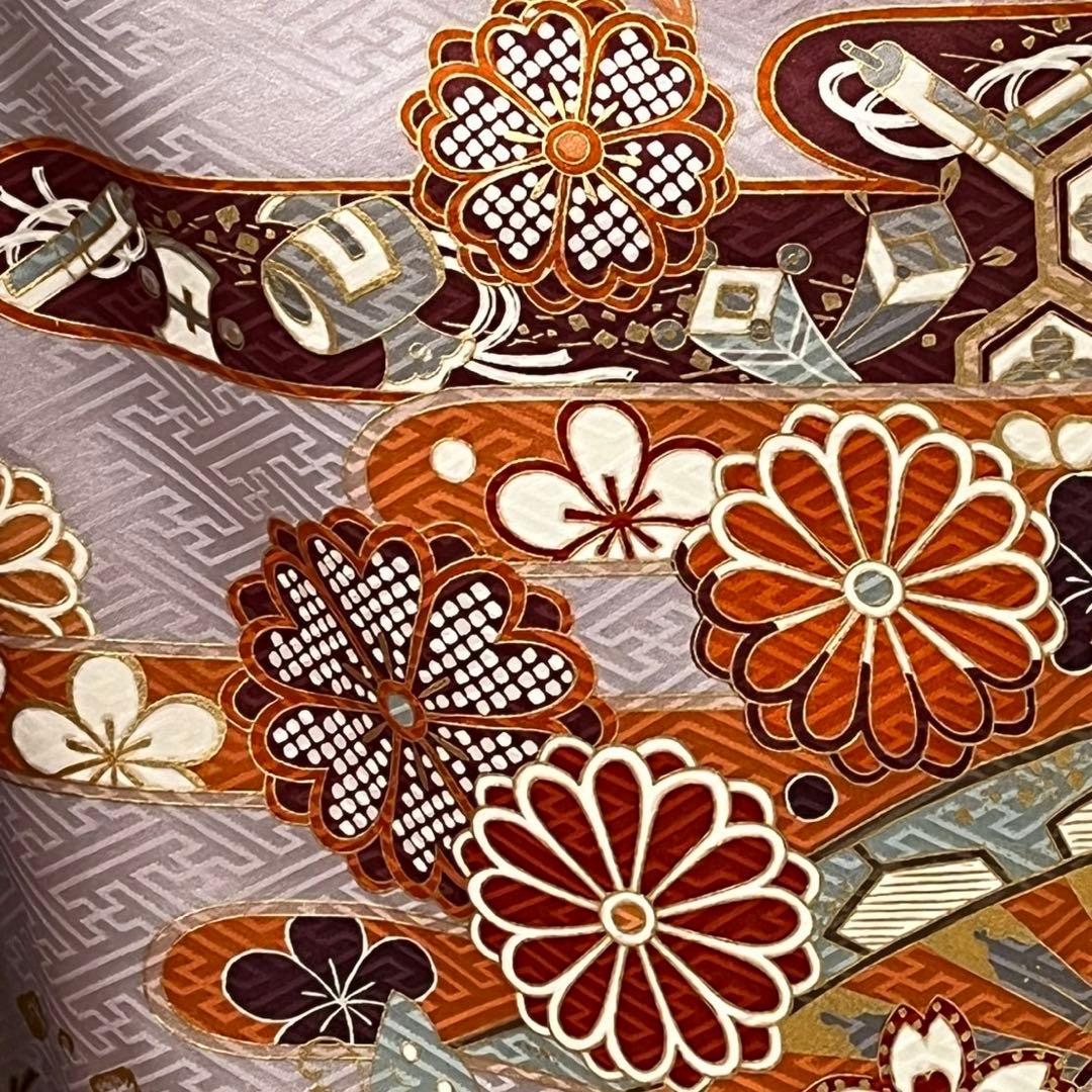 Silk Furisode Kimono Full Set with Fukuro Obi, Classic Floral Muted Color, Signed