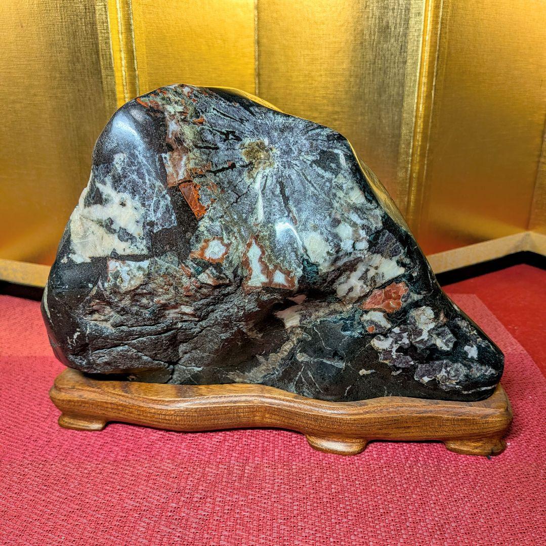 Kikkaseki Chrysanthemum Stone from Neodani Gifu Suiseki Viewing Stone on Keyaki Stand