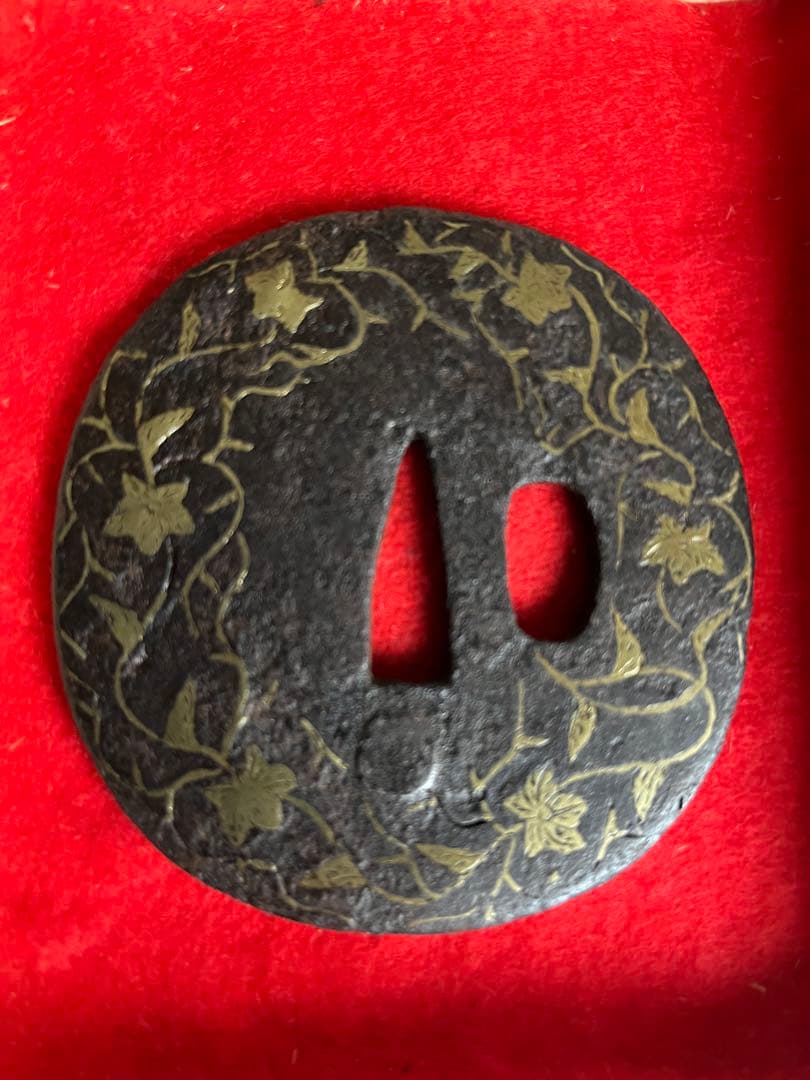 Heianjo Iron Tsuba with Kikyo Crest and Karakusa Brass Inlay, Antique Sword Guard