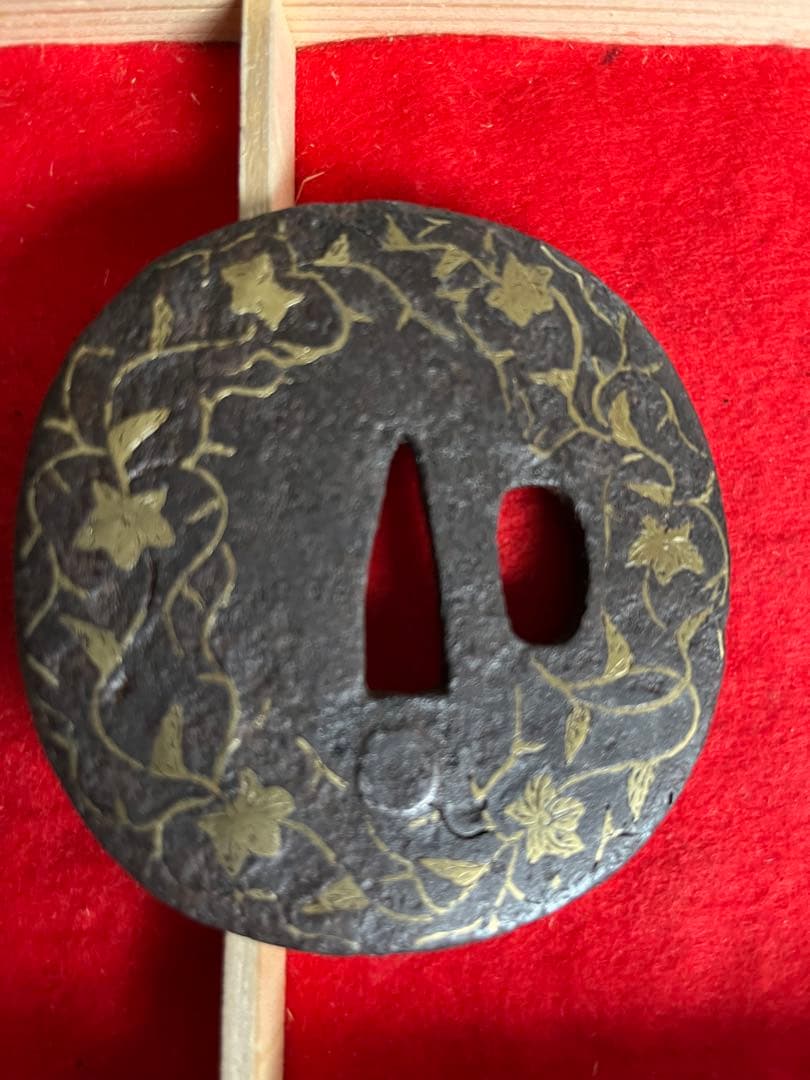 Heianjo Iron Tsuba with Kikyo Crest and Karakusa Brass Inlay, Antique Sword Guard