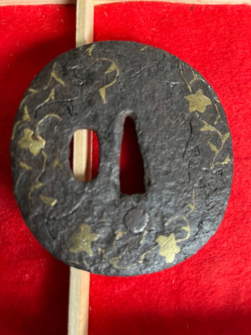 Heianjo Iron Tsuba with Kikyo Crest and Karakusa Brass Inlay, Antique Sword Guard