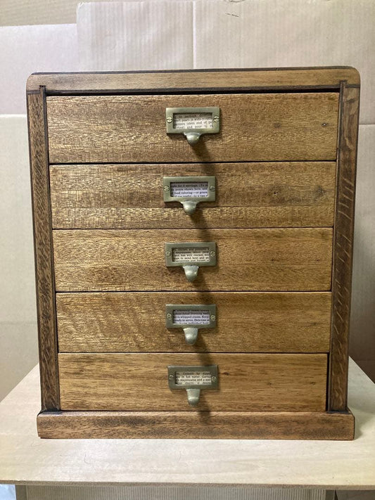 Handmade Vintage-Style Wooden Tabletop Chest 5 Small Drawers Oil-Finished Brass Pulls