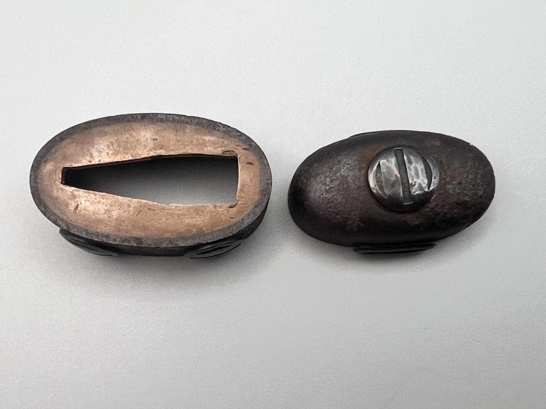 Edo-Meiji Iron Fuchigashira Set Sanbonsuji Hand-Carved Sword Fittings with Box