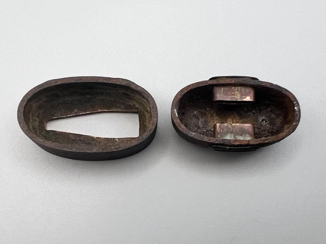 Edo-Meiji Iron Fuchigashira Set Sanbonsuji Hand-Carved Sword Fittings with Box