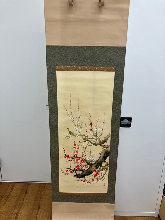 Hanging Scroll by Tsubouchi Shoan, Red and White Plum Blossoms with Bush Warbler