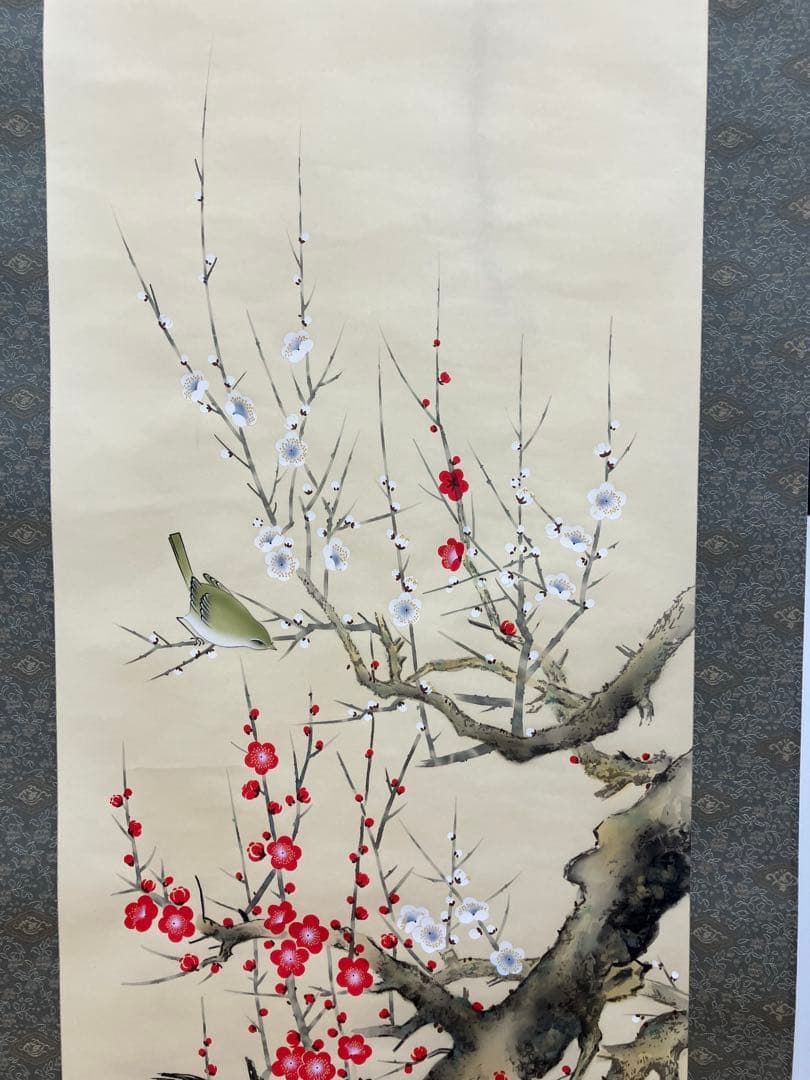 Hanging Scroll by Tsubouchi Shoan, Red and White Plum Blossoms with Bush Warbler