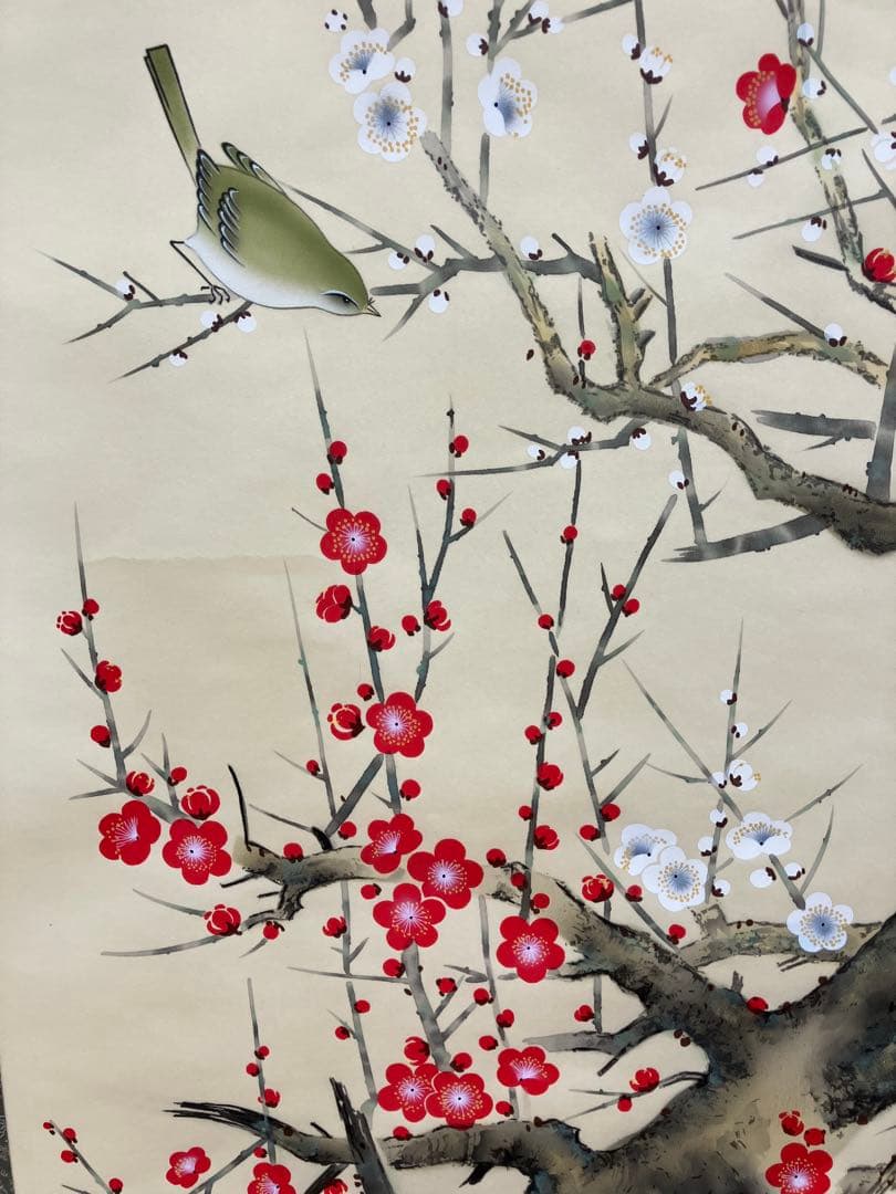 Hanging Scroll by Tsubouchi Shoan, Red and White Plum Blossoms with Bush Warbler