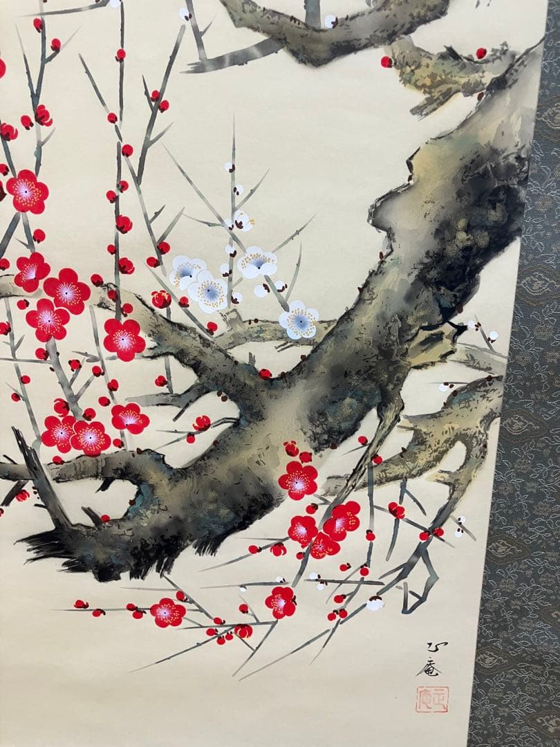 Hanging Scroll by Tsubouchi Shoan, Red and White Plum Blossoms with Bush Warbler