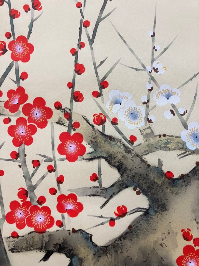 Hanging Scroll by Tsubouchi Shoan, Red and White Plum Blossoms with Bush Warbler