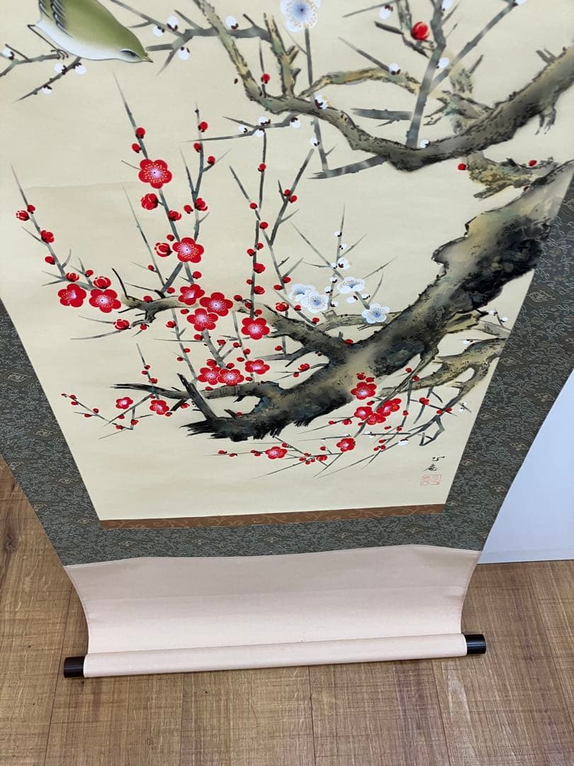 Hanging Scroll by Tsubouchi Shoan, Red and White Plum Blossoms with Bush Warbler