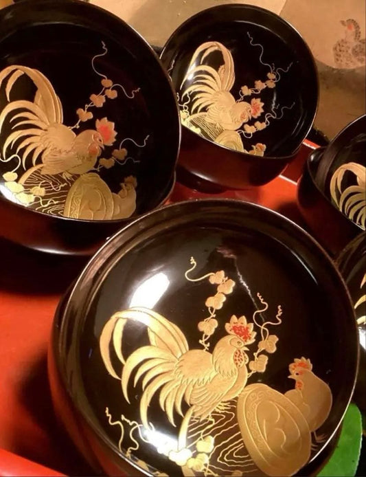Wajima Nuri Lacquer Bowls Maki-e Hidden Kankodori Rooster Design Set of 3 Diameter 12.4 cm