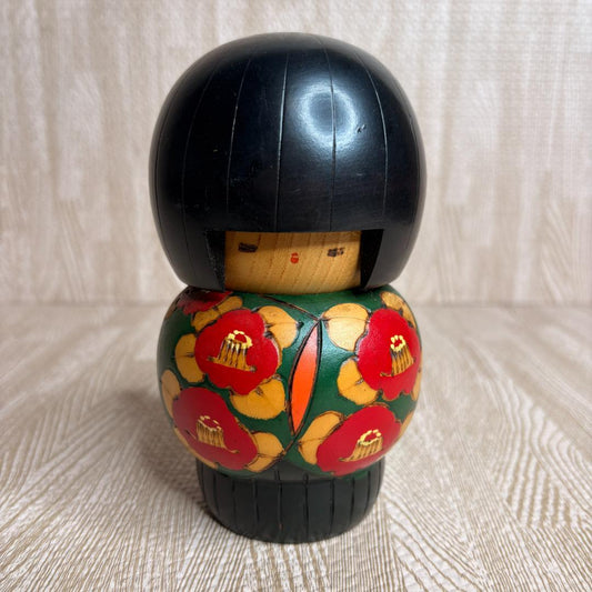 Takamizawa Kazuo Sosaku Kokeshi Wooden Doll with Camellia Motif, Signed