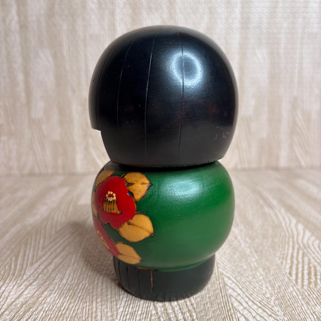 Takamizawa Kazuo Sosaku Kokeshi Wooden Doll with Camellia Motif, Signed
