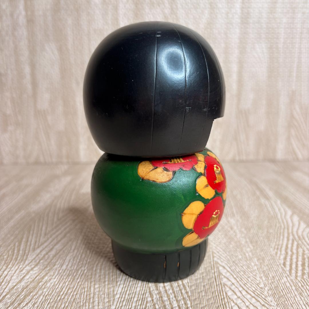 Takamizawa Kazuo Sosaku Kokeshi Wooden Doll with Camellia Motif, Signed