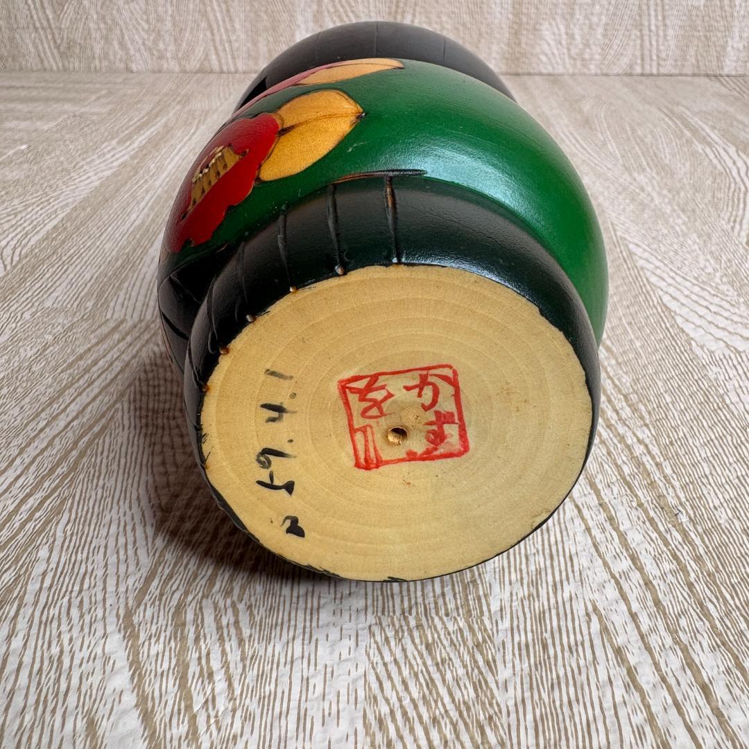 Takamizawa Kazuo Sosaku Kokeshi Wooden Doll with Camellia Motif, Signed