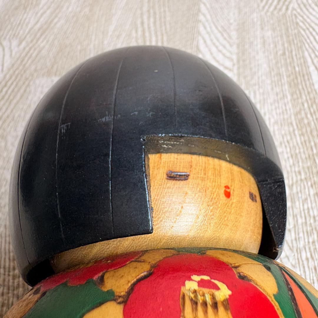 Takamizawa Kazuo Sosaku Kokeshi Wooden Doll with Camellia Motif, Signed