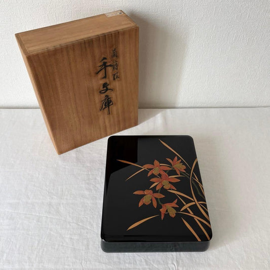 Yamada Heiando Lacquer Document Box with Orchid Maki-e, Bunko Writing Case