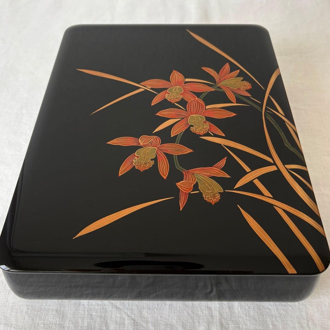 Yamada Heiando Lacquer Document Box with Orchid Maki-e, Bunko Writing Case