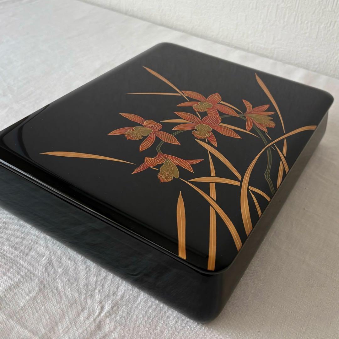 Yamada Heiando Lacquer Document Box with Orchid Maki-e, Bunko Writing Case