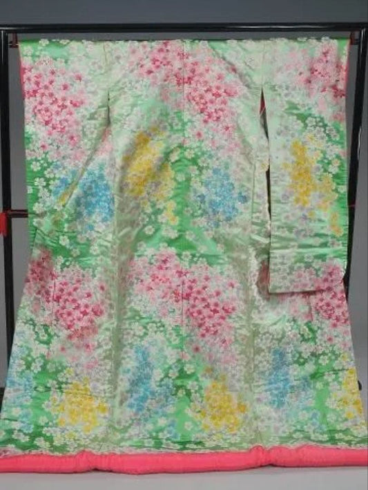 Iro-Uchikake Wedding Kimono Silk with Pastel Cherry Blossom Embroidery in Yellow-Green