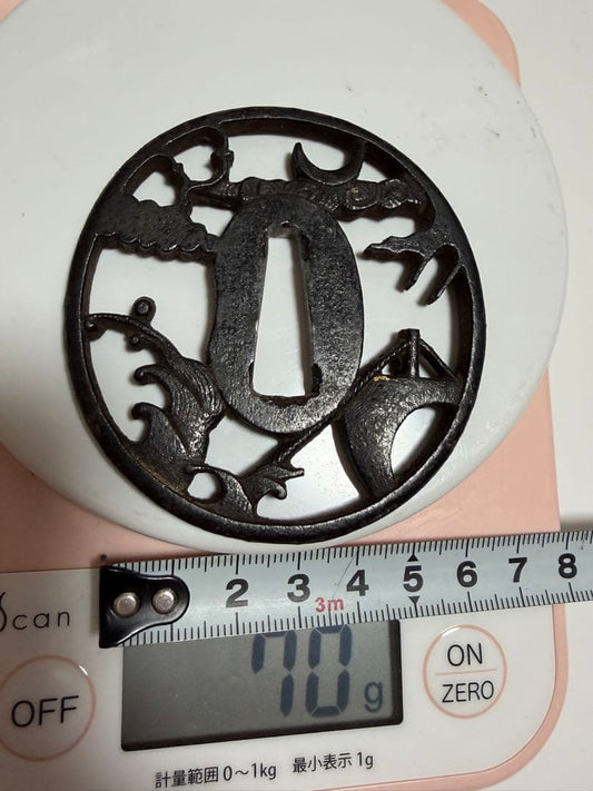 Antique Iron Tsuba Japanese Sword Guard with Wooden Display Stand