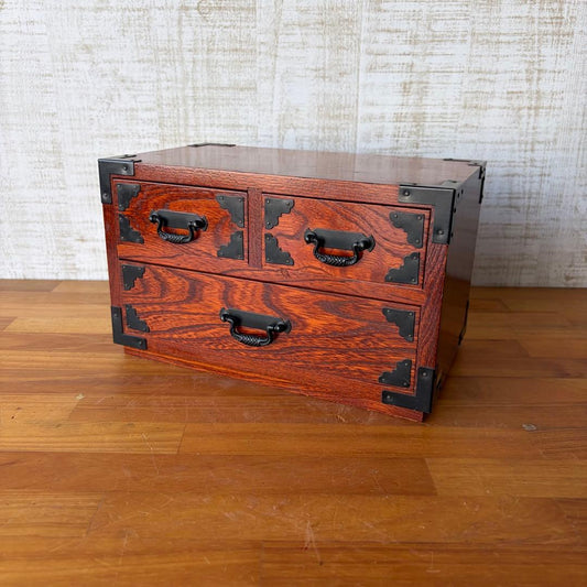 Antique Japanese Keyaki Wood Mini Chest 3 Drawers Small Tansu with Black Metal Fittings