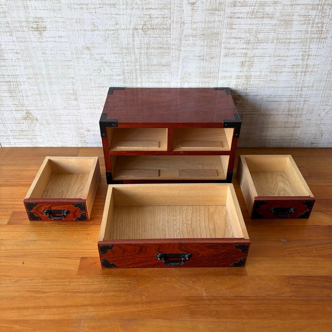 Antique Japanese Keyaki Wood Mini Chest 3 Drawers Small Tansu with Black Metal Fittings