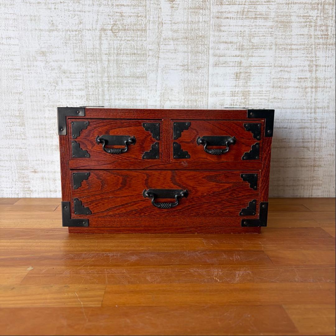 Antique Japanese Keyaki Wood Mini Chest 3 Drawers Small Tansu with Black Metal Fittings