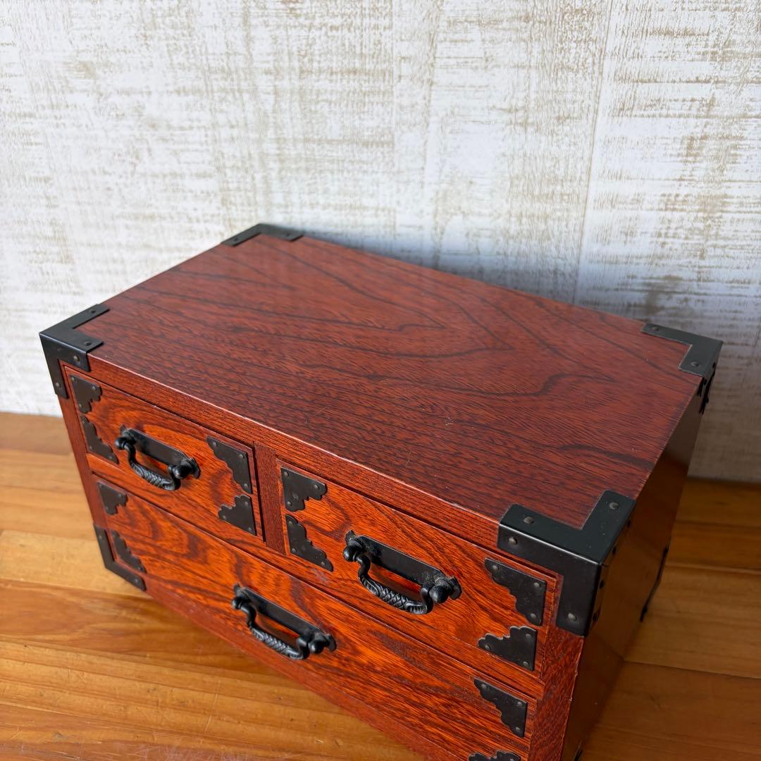 Antique Japanese Keyaki Wood Mini Chest 3 Drawers Small Tansu with Black Metal Fittings