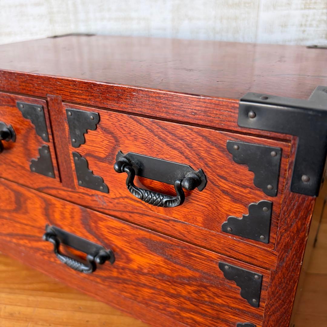 Antique Japanese Keyaki Wood Mini Chest 3 Drawers Small Tansu with Black Metal Fittings