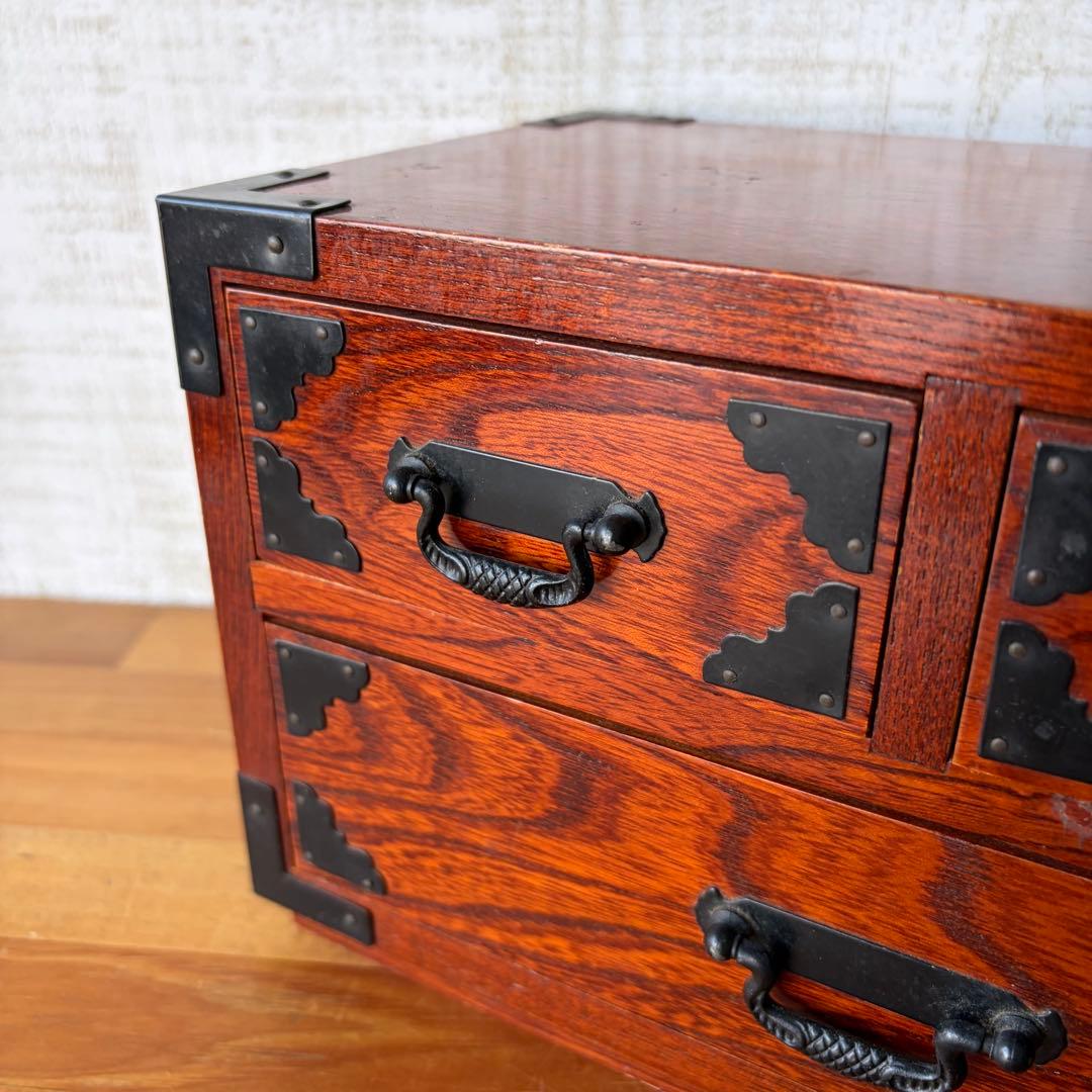 Antique Japanese Keyaki Wood Mini Chest 3 Drawers Small Tansu with Black Metal Fittings