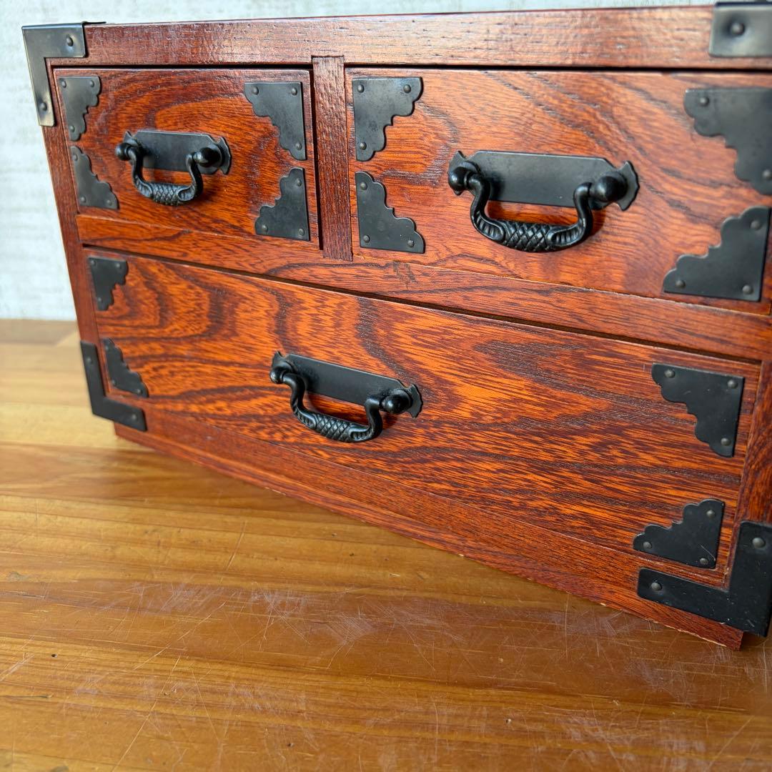 Antique Japanese Keyaki Wood Mini Chest 3 Drawers Small Tansu with Black Metal Fittings
