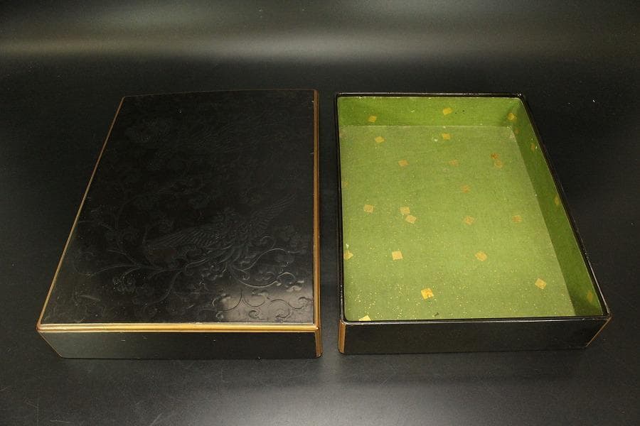 Antique Japanese Fumibako Letter Box with Phoenix Crest Yami Maki-e Lacquer