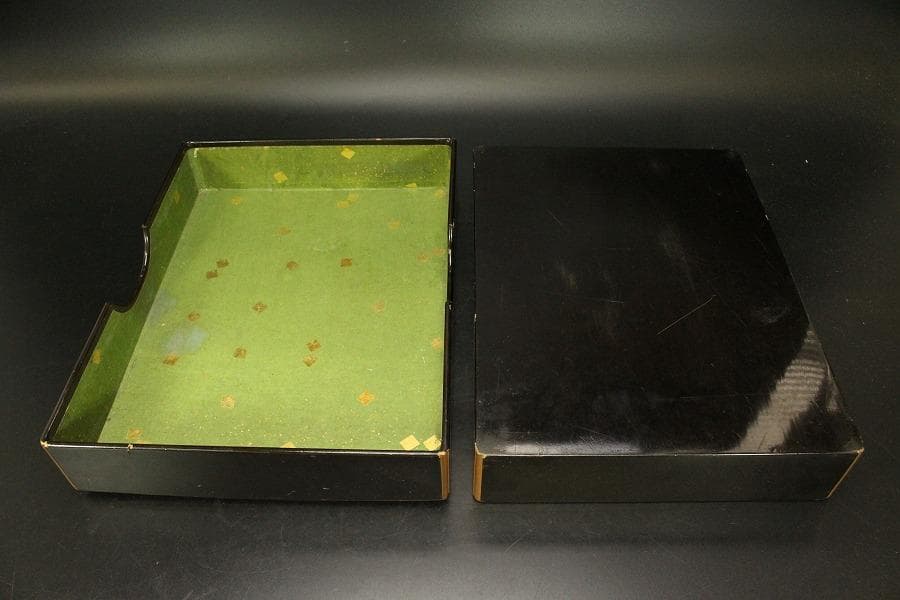 Antique Japanese Fumibako Letter Box with Phoenix Crest Yami Maki-e Lacquer