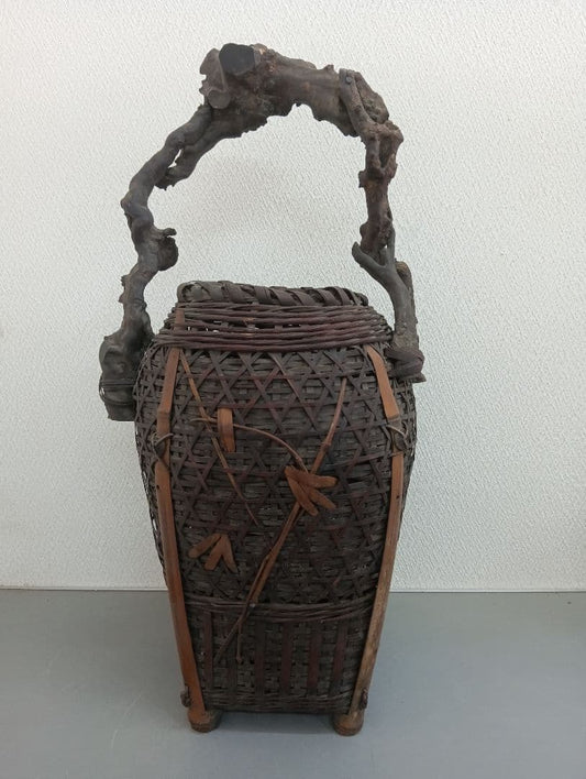 Japanese Bamboo Flower Basket with Natural Twisted Wood Handle Antique