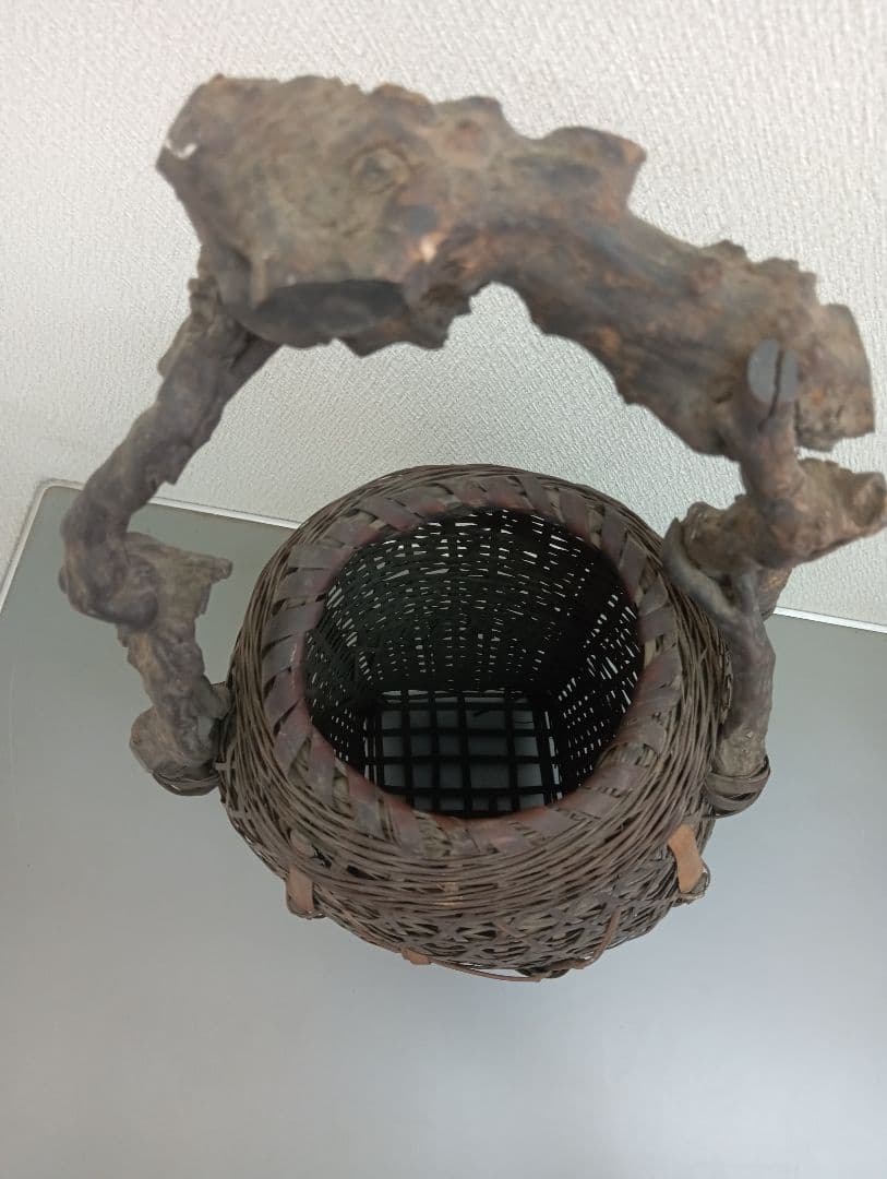 Japanese Bamboo Flower Basket with Natural Twisted Wood Handle Antique