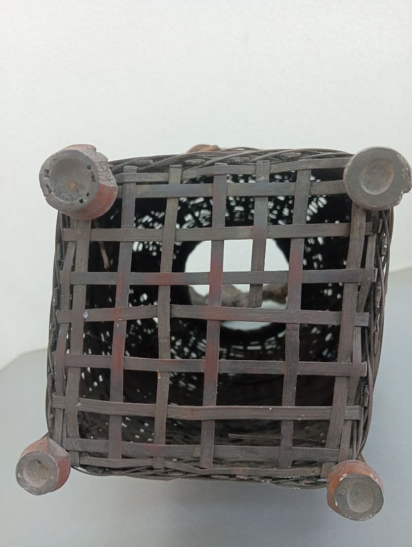 Japanese Bamboo Flower Basket with Natural Twisted Wood Handle Antique