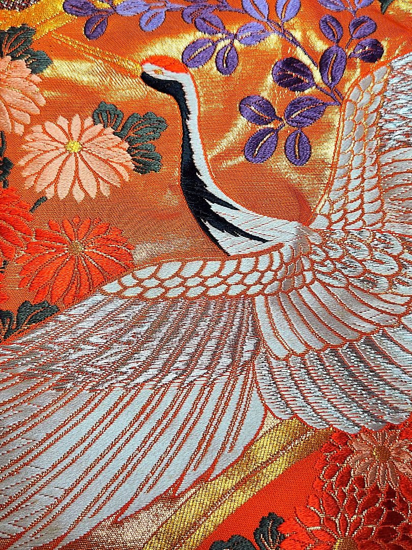 Japanese Iro-Uchikake Bridal Kimono Kinran Brocade Silk Vermilion Crane Floral