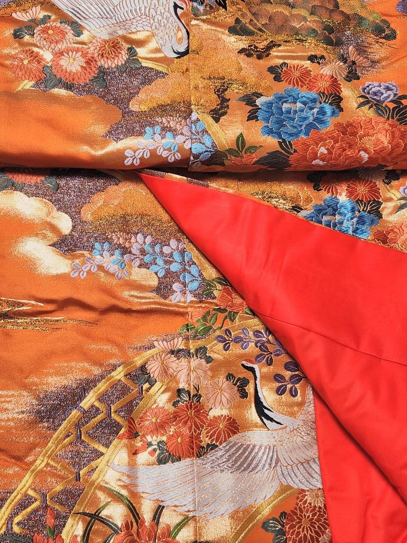 Japanese Iro-Uchikake Bridal Kimono Kinran Brocade Silk Vermilion Crane Floral