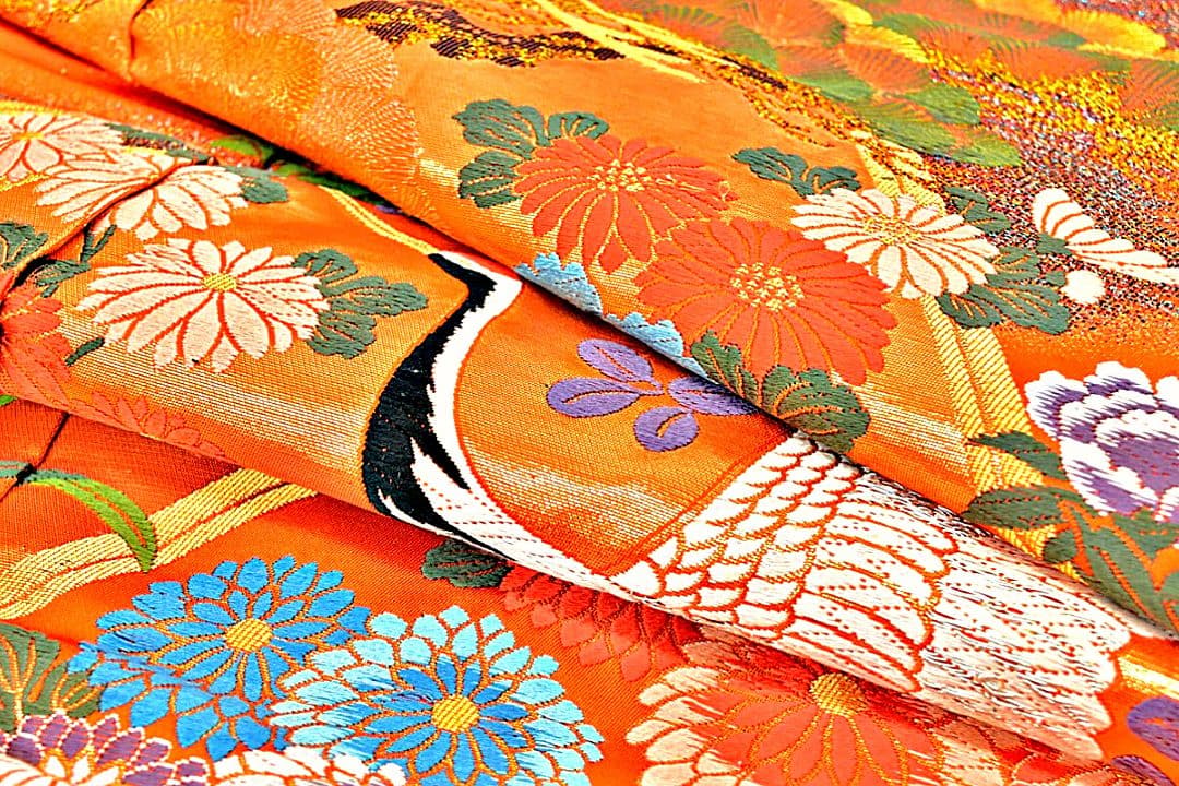 Japanese Iro-Uchikake Bridal Kimono Kinran Brocade Silk Vermilion Crane Floral