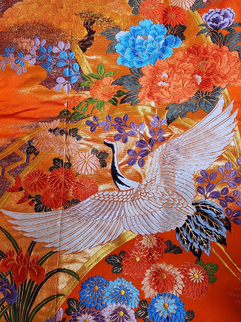 Japanese Iro-Uchikake Bridal Kimono Kinran Brocade Silk Vermilion Crane Floral