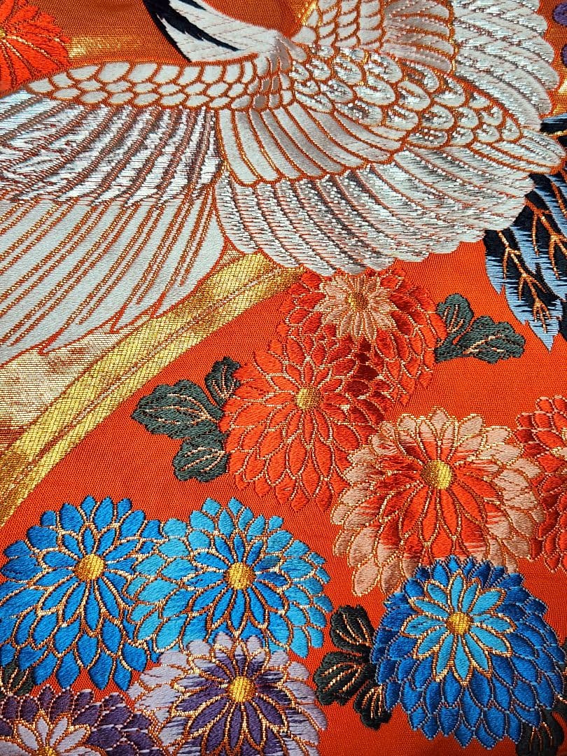 Japanese Iro-Uchikake Bridal Kimono Kinran Brocade Silk Vermilion Crane Floral