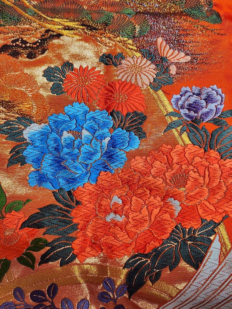 Japanese Iro-Uchikake Bridal Kimono Kinran Brocade Silk Vermilion Crane Floral