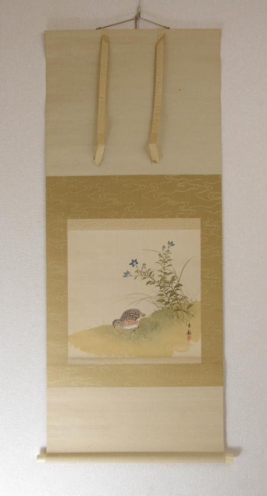 Ishikawa Yurin Hanging Scroll, Quails and Autumn Grasses, Silk, Signed Box, 136.5 x 55.8 cm