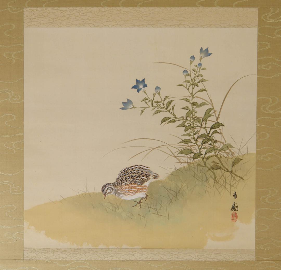 Ishikawa Yurin Hanging Scroll, Quails and Autumn Grasses, Silk, Signed Box, 136.5 x 55.8 cm