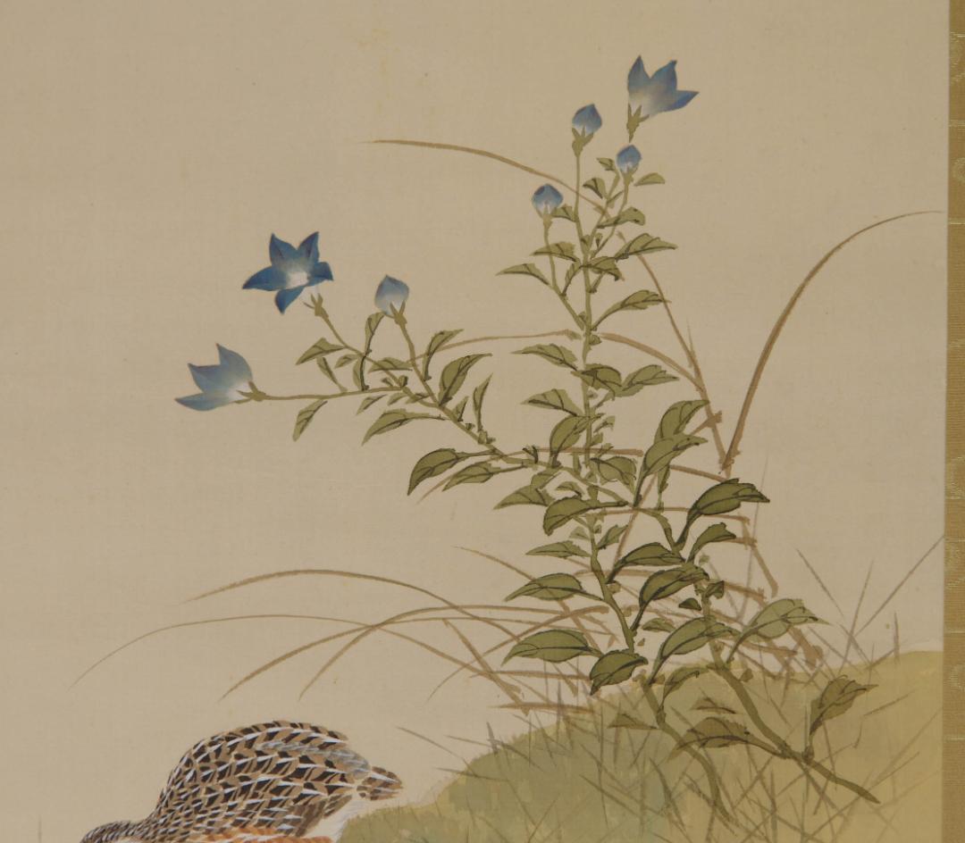 Ishikawa Yurin Hanging Scroll, Quails and Autumn Grasses, Silk, Signed Box, 136.5 x 55.8 cm